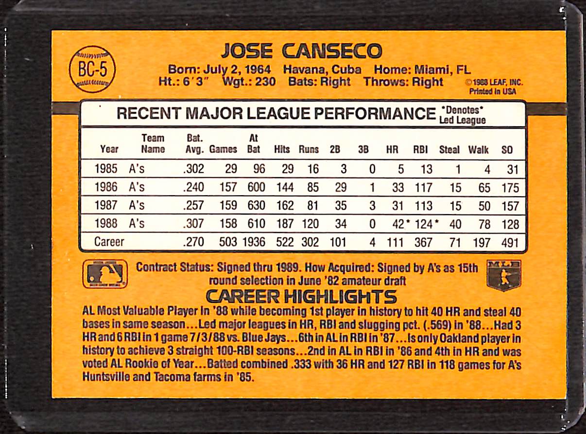 FIINR Baseball Card 1989 Donruss MVP Jose Canseco MLB Baseball Card #BC-5 - Mint Condition