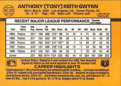 FIINR Baseball Card 1989 Donruss MVP Tony Gwynn Vintage Baseball Error Card #BC-20 - Error Card - Mint Condition