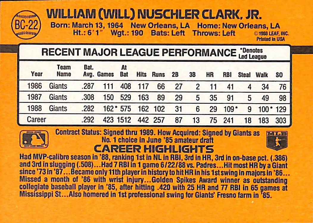 FIINR Baseball Card 1989 Donruss MVP Will Clark MLB Vintage Baseball Player Card #BC-22 - Mint Condition