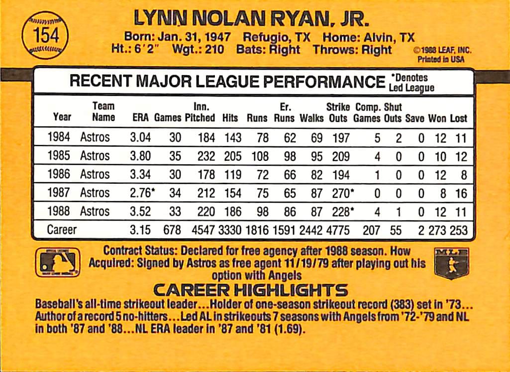 FIINR Baseball Card 1989 Donruss Nolan Ryan Astros Baseball Card  #154 - Mint Condition
