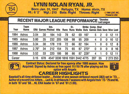 FIINR Baseball Card 1989 Donruss Nolan Ryan Astros Baseball Card  #154 - Mint Condition