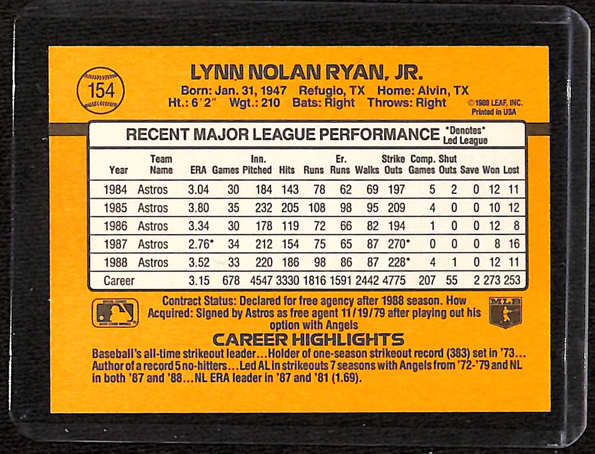 FIINR Baseball Card 1989 Donruss Nolan Ryan Astros Baseball Card  #154 - Mint Condition