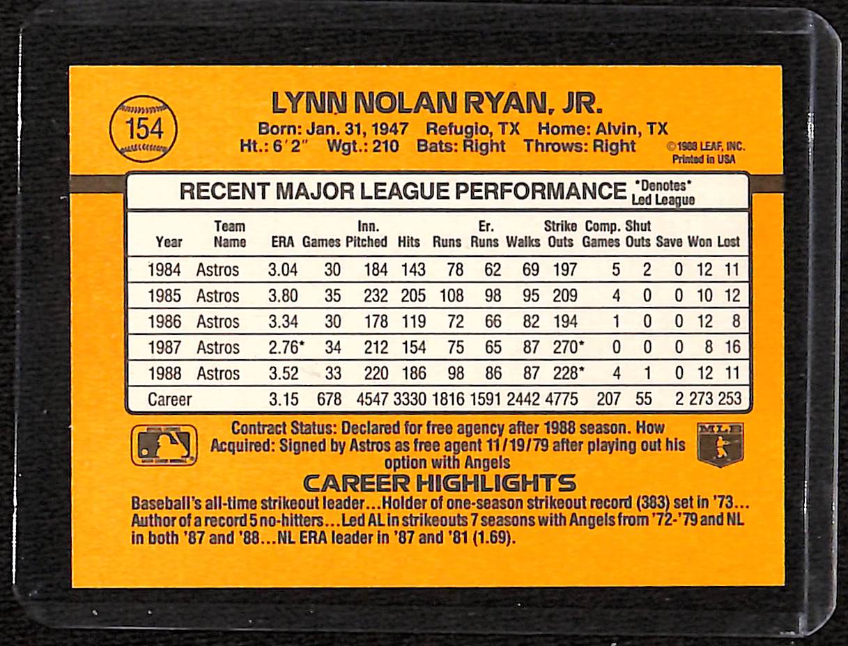 FIINR Baseball Card 1989 Donruss Nolan Ryan Baseball Card  #154 - Mint Condition