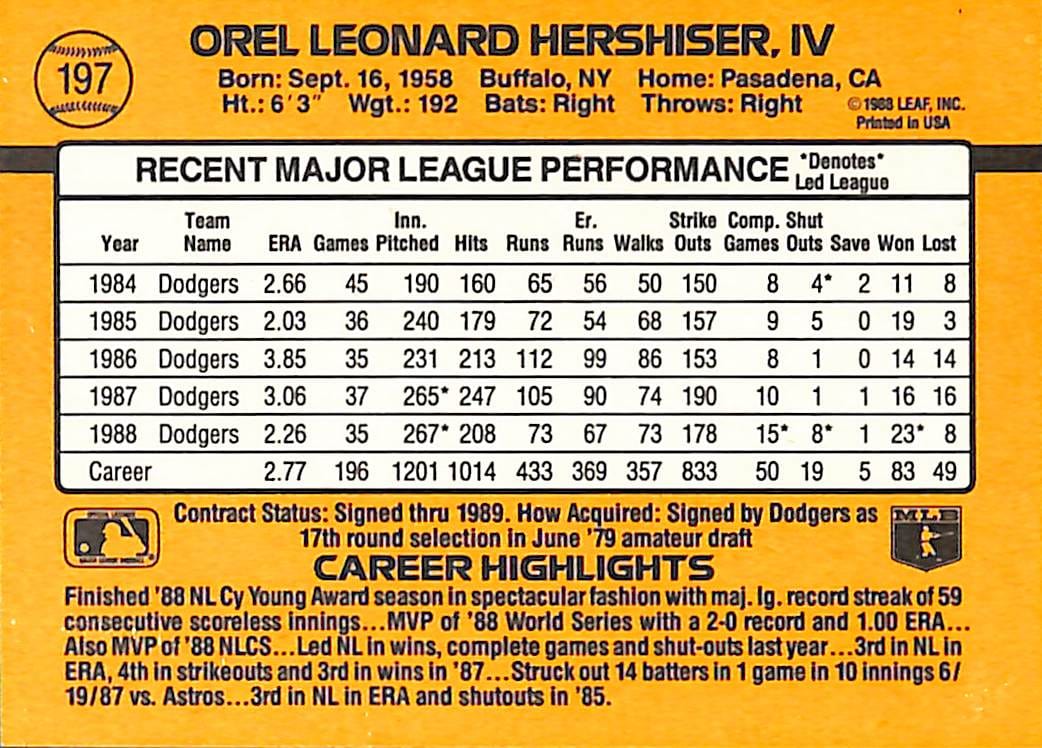 FIINR Baseball Card 1989 Donruss Orel Hershiser Vintage Baseball Card #197 - Mint Condition