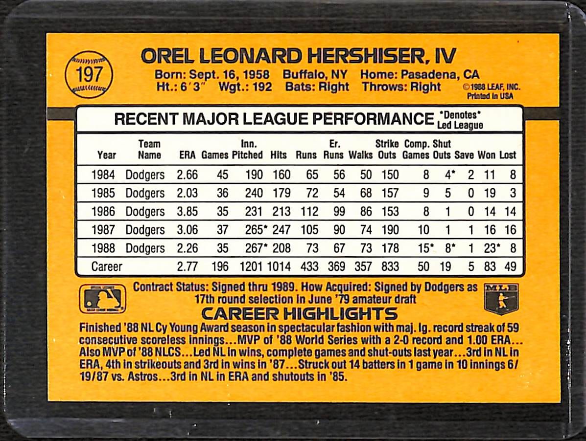 FIINR Baseball Card 1989 Donruss Orel Hershiser Vintage Baseball Card #197 - Mint Condition