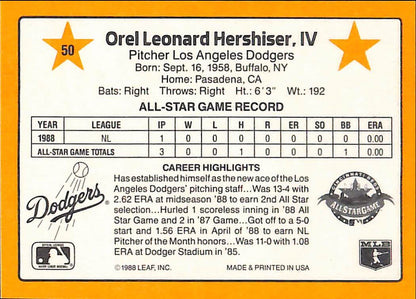 FIINR Baseball Card 1989 Donruss Orel Hershiser Vintage Baseball Card #50 - Mint Condition
