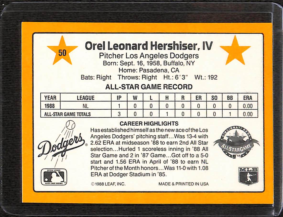 FIINR Baseball Card 1989 Donruss Orel Hershiser Vintage Baseball Card #50 - Mint Condition