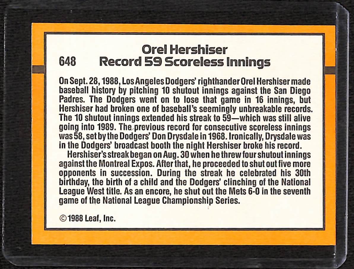 FIINR Baseball Card 1989 Donruss Orel Hershiser Vintage Baseball Card #648 - Mint Condition