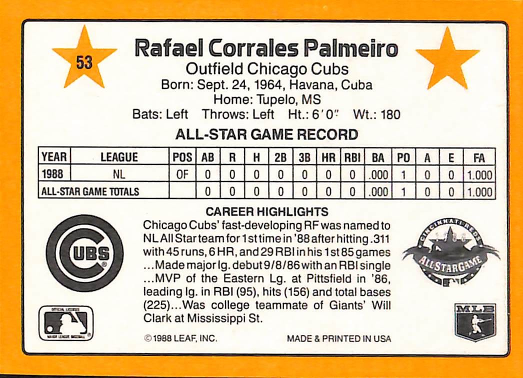 FIINR Baseball Card 1989 Donruss Rafael Palmeiro Vintage MLB Baseball Card #53 - Mint Condition
