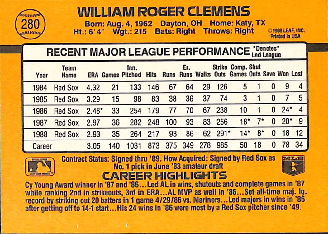 FIINR Baseball Card 1989 Donruss Roger Clemens Vintage Baseball Card #280 - Mint Condition