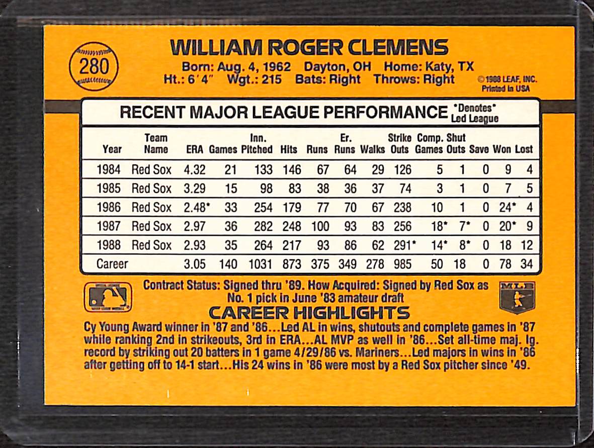 FIINR Baseball Card 1989 Donruss Roger Clemens Vintage Baseball Card #280 - Mint Condition