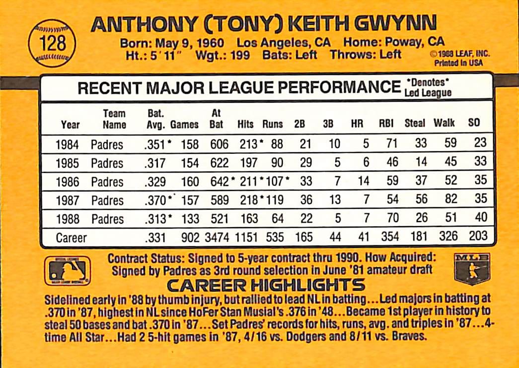 FIINR Baseball Card 1989 Donruss Tony Gwynn Vintage MLB Baseball Card #128 - Mint Condition