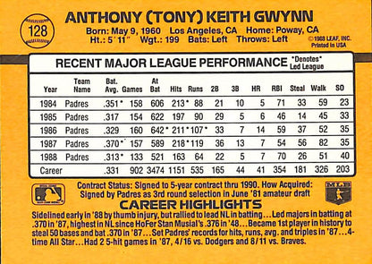 FIINR Baseball Card 1989 Donruss Tony Gwynn Vintage MLB Baseball Card #128 - Mint Condition