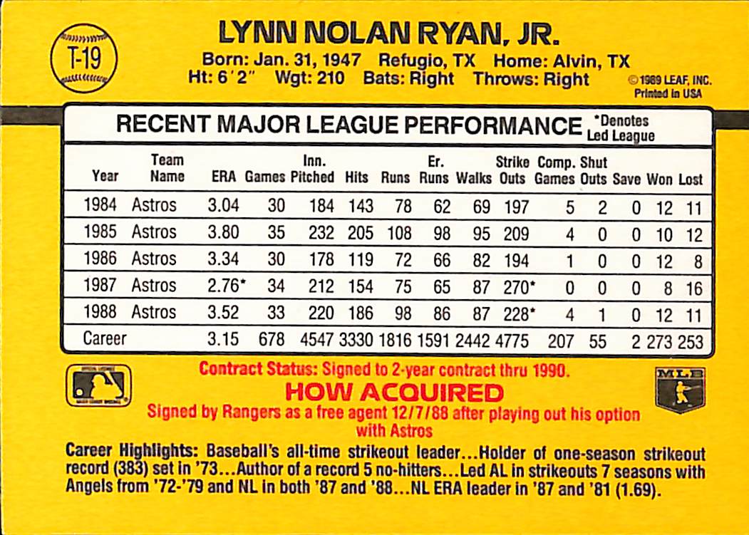 FIINR Baseball Card 1989 Donruss Vintage Nolan Ryan MLB Baseball Card #T19 - Mint Condition