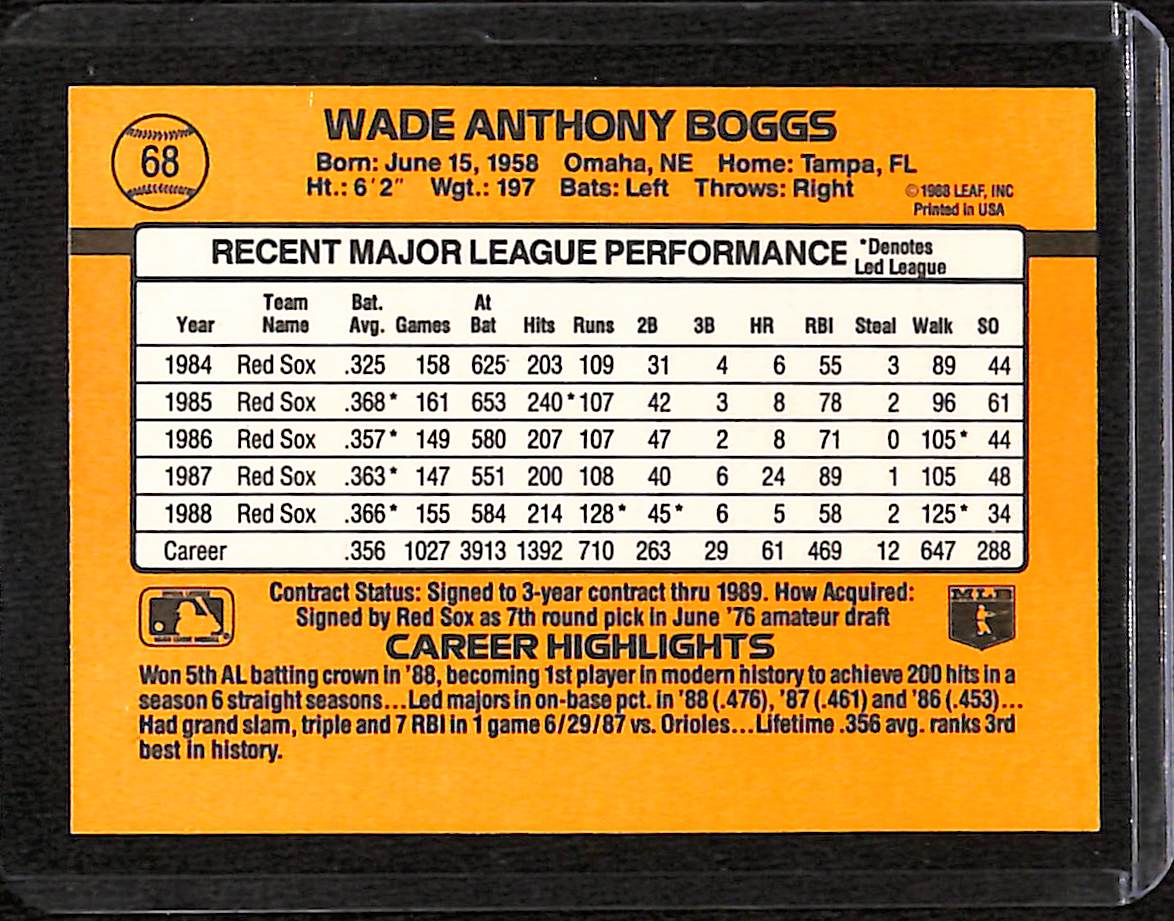 FIINR Baseball Card 1989 Donruss Wade Boggs Baseball Error Card #68 -Error Card - Mint Condition