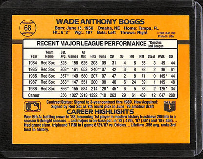 FIINR Baseball Card 1989 Donruss Wade Boggs Baseball Error Card #68 -Error Card - Mint Condition