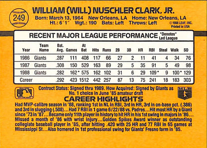 FIINR Baseball Card 1989 Donruss Will Clark Vintage MLB Baseball Player Card #249 - Mint Condition