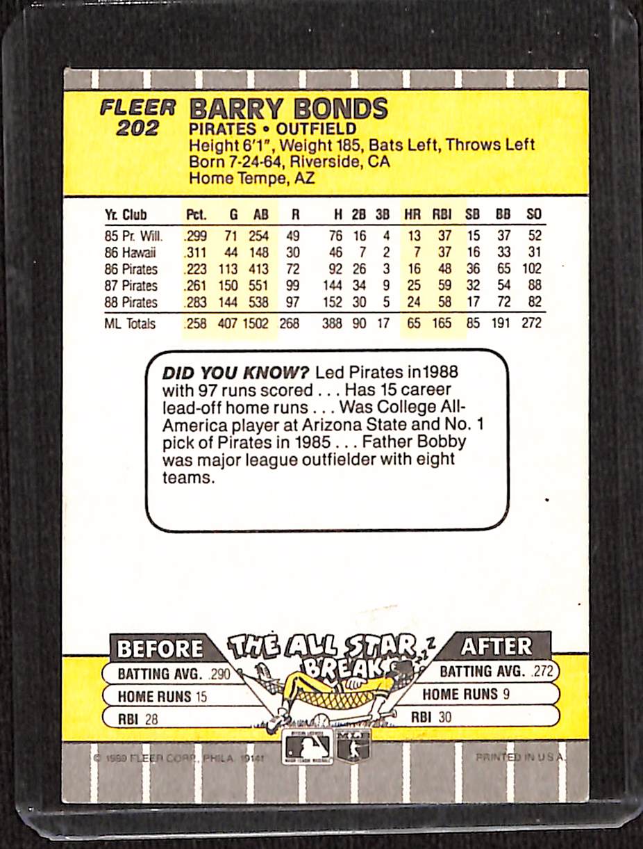 FIINR Baseball Card 1989 Fleer Barry Bonds Baseball Card #202 - Mint Condition
