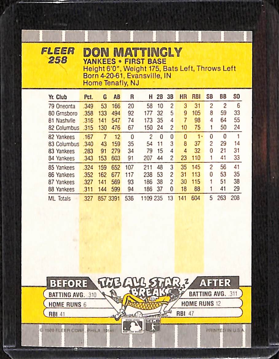FIINR Baseball Card 1989 Fleer Don Mattingly Baseball Card #258 - Mint Condition
