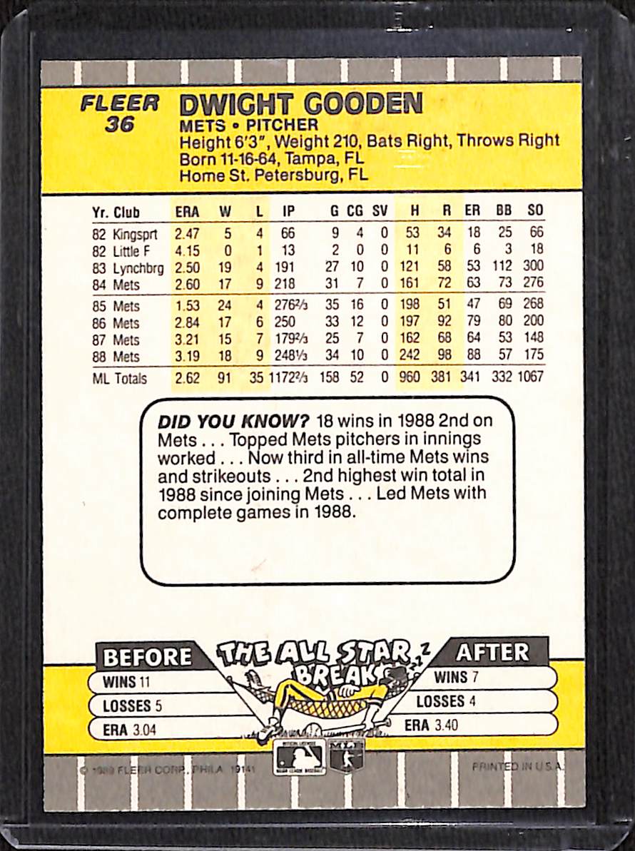 FIINR Baseball Card 1989 Fleer Dwight "Doc" Gooden MLB Vintage Baseball Card #36 - Mint Condition