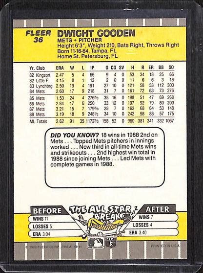 FIINR Baseball Card 1989 Fleer Dwight "Doc" Gooden MLB Vintage Baseball Card #36 - Mint Condition