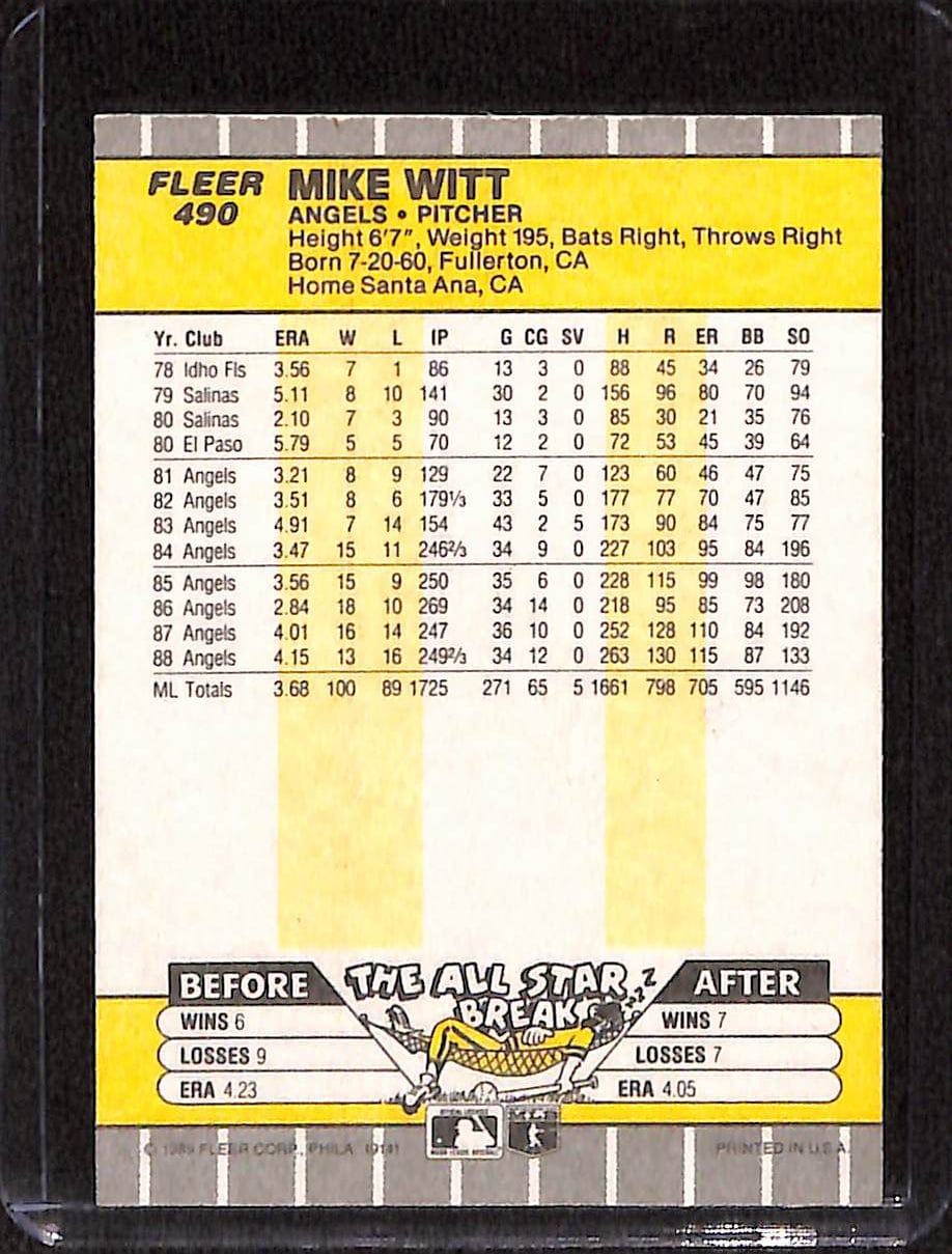 FIINR Baseball Card 1989 Fleer Mike Witt Vintage MLB Baseball Card #490 - Mint Condition