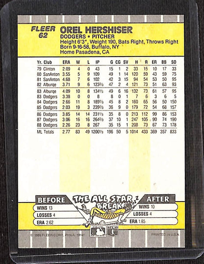 FIINR Baseball Card 1989 Fleer Orel Hershiser Vintage MLB Baseball Card #62 - Mint Condition