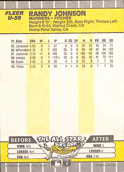 FIINR Baseball Card 1989 Fleer Randy Johnson Baseball Card #U59 - Mint Condition