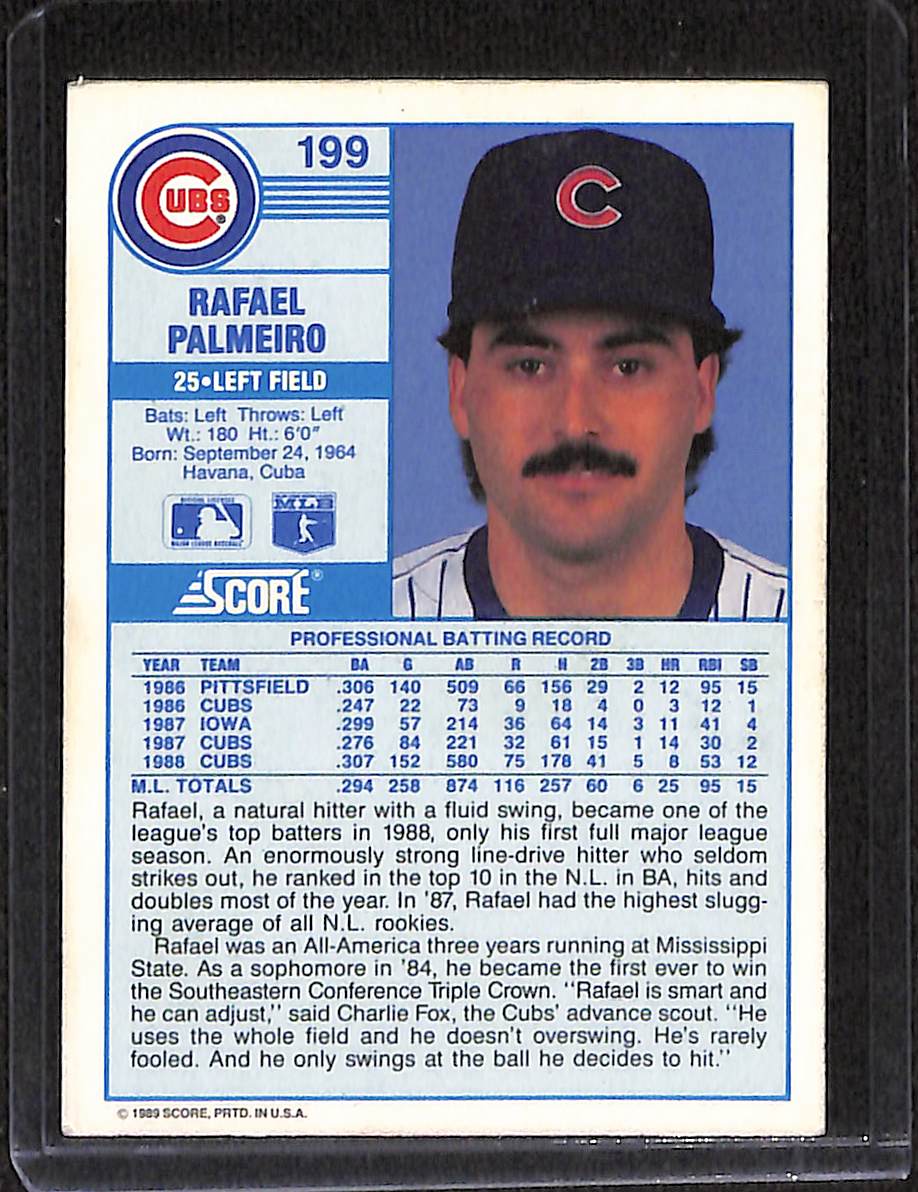 FIINR Baseball Card 1989 Score Rafael Palmeiro Vintage MLB Baseball Card #199 - Mint Condition