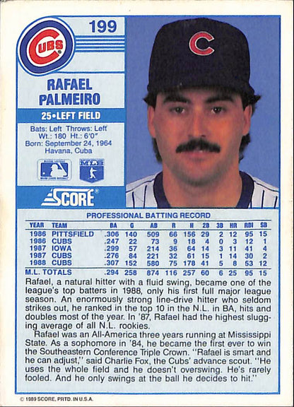 FIINR Baseball Card 1989 Score Rafael Palmeiro Vintage MLB Baseball Card #199 - Mint Condition
