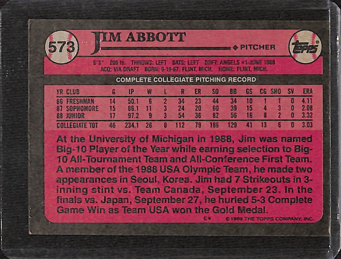 FIINR Baseball Card 1989 Topps #1 Draft Pick Jim Abbott Baseball Card #573 - Rookie Card - Mint Condition