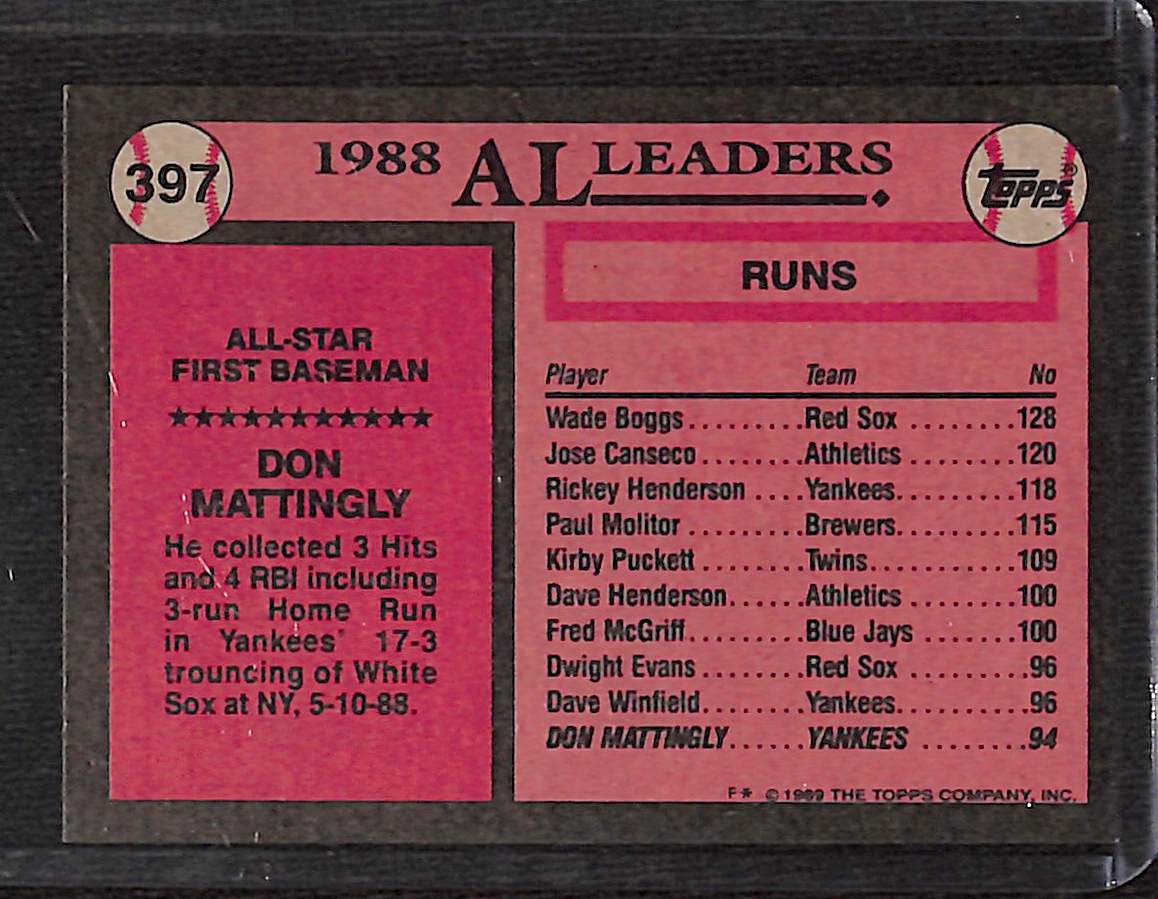 FIINR Baseball Card 1989 Topps All-Star Don Mattingly Vintage Baseball Card #397 - Mint Condition