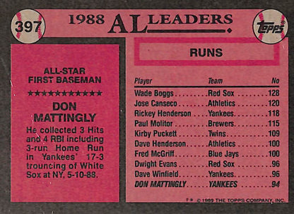 FIINR Baseball Card 1989 Topps All-Star Don Mattingly Vintage Baseball Card #397 - Mint Condition