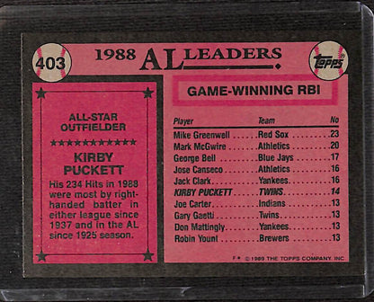 FIINR Baseball Card 1989 Topps All-Star Kirby Puckett MLB Baseball Card #403 - Mint Condition