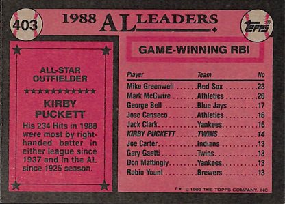 FIINR Baseball Card 1989 Topps All-Star Kirby Puckett MLB Baseball Card #403 - Mint Condition