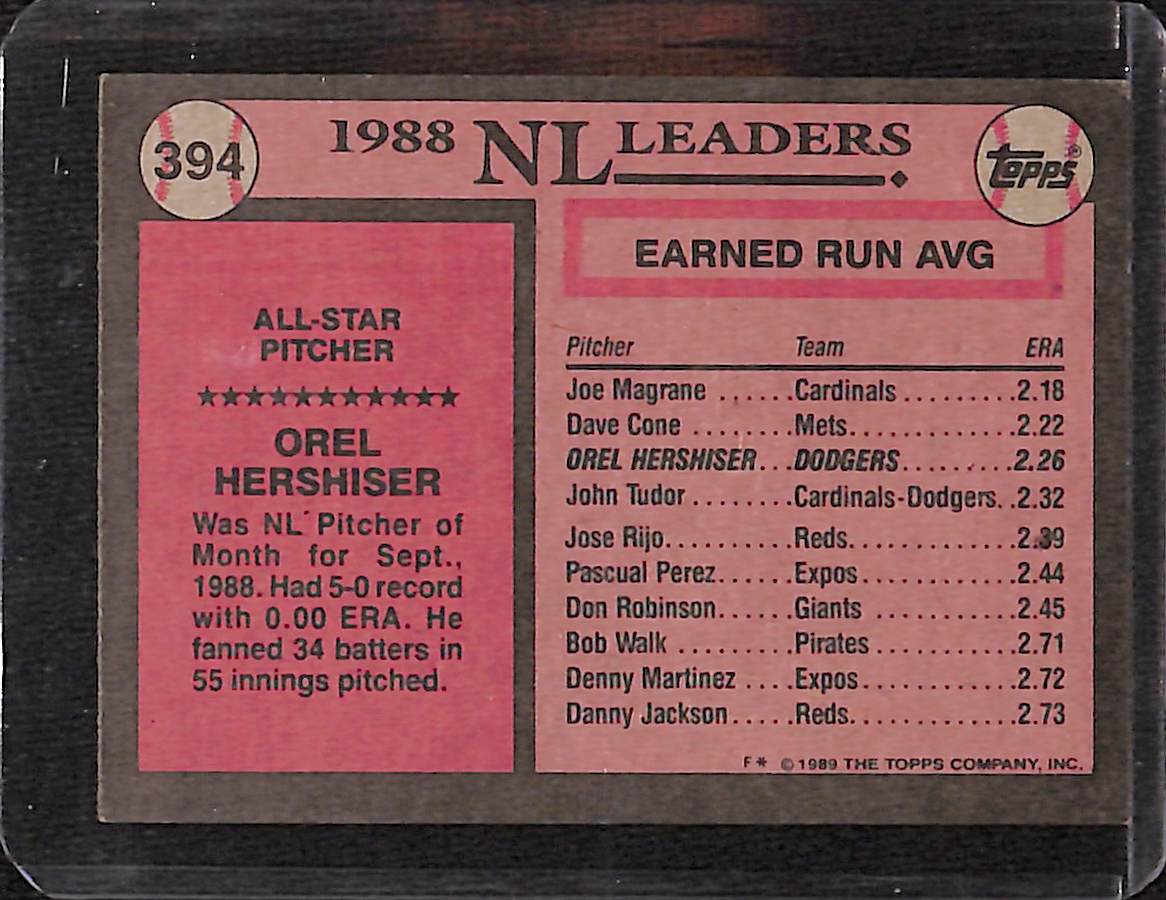 FIINR Baseball Card 1989 Topps All-Star Orel Hershiser Vintage Baseball Card #394 - Mint Condition