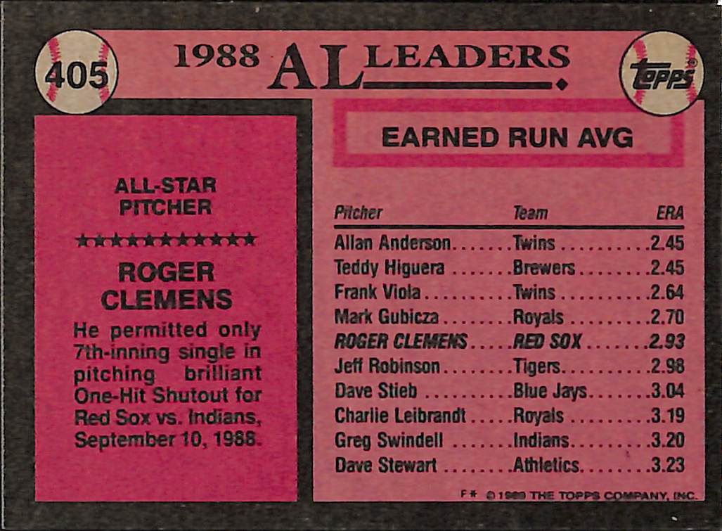FIINR Baseball Card 1989 Topps All-Star Roger Clemens Vintage Baseball Card #405 - Mint Condition