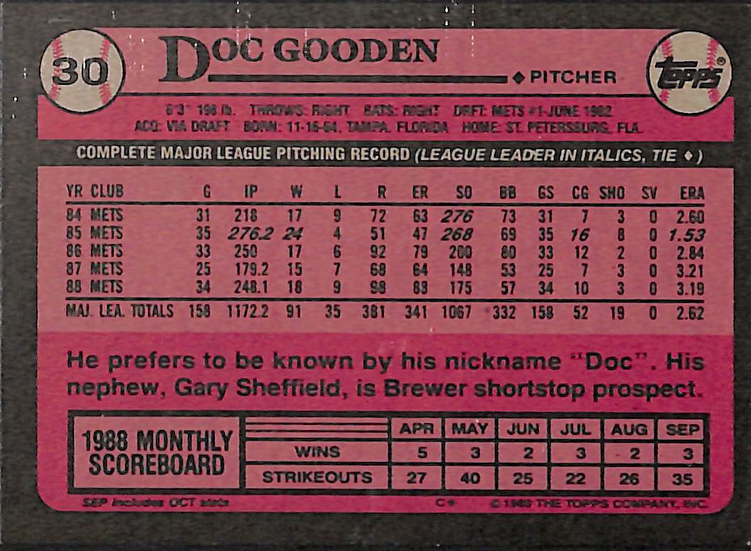 FIINR Baseball Card 1989 Topps Dwight "Doc" Gooden MLB Vintage Baseball Card #30 - Mint Condition