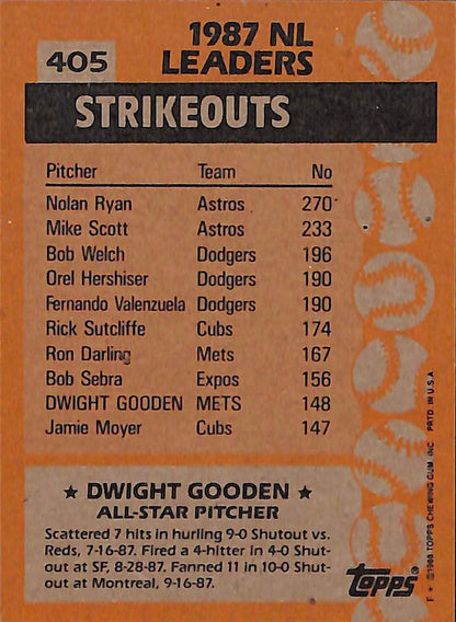 FIINR Baseball Card 1989 Topps Dwight Gooden "Doc" All-Star MLB Vintage Baseball Card #405 - Mint Condition