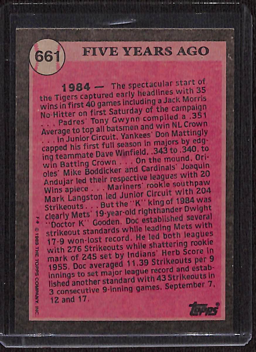 FIINR Baseball Card 1989 Topps Dwight Gooden "Doc" MLB Vintage Baseball Card #661 Turn Back The Clock - Mint Condition