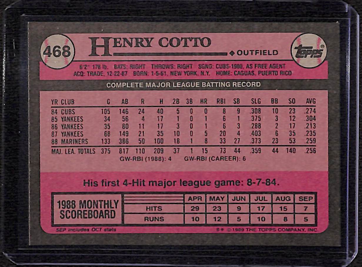 FIINR Baseball Card 1989 Topps Henry Cotto MLB Vintage Baseball Card #468 - Mint Condition