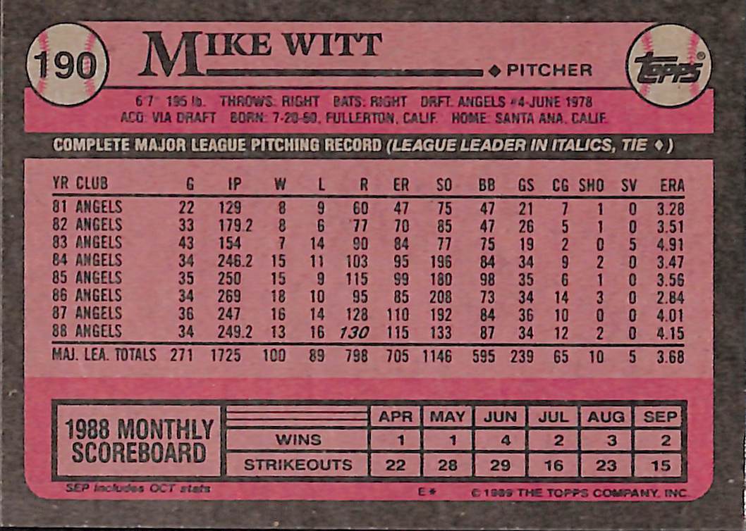 FIINR Baseball Card 1989 Topps Mike Witt Vintage MLB Baseball Card #190 - Mint Condition