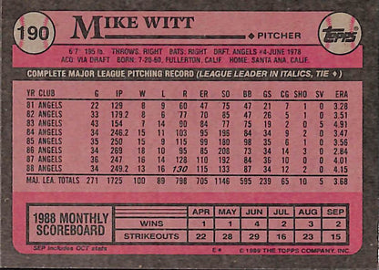 FIINR Baseball Card 1989 Topps Mike Witt Vintage MLB Baseball Card #190 - Mint Condition