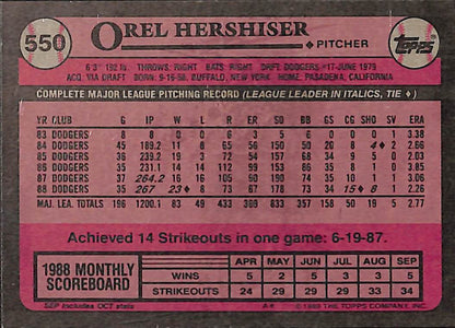 FIINR Baseball Card 1989 Topps Orel Hershiser Vintage Baseball Card #550 - Mint Condition