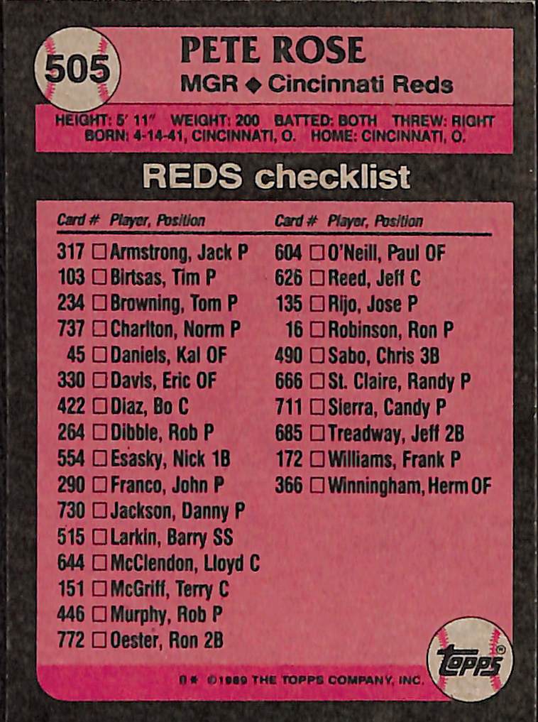 FIINR Baseball Card 1989 Topps Pete Rose Vintage Baseball Card #505 - Mint Condition