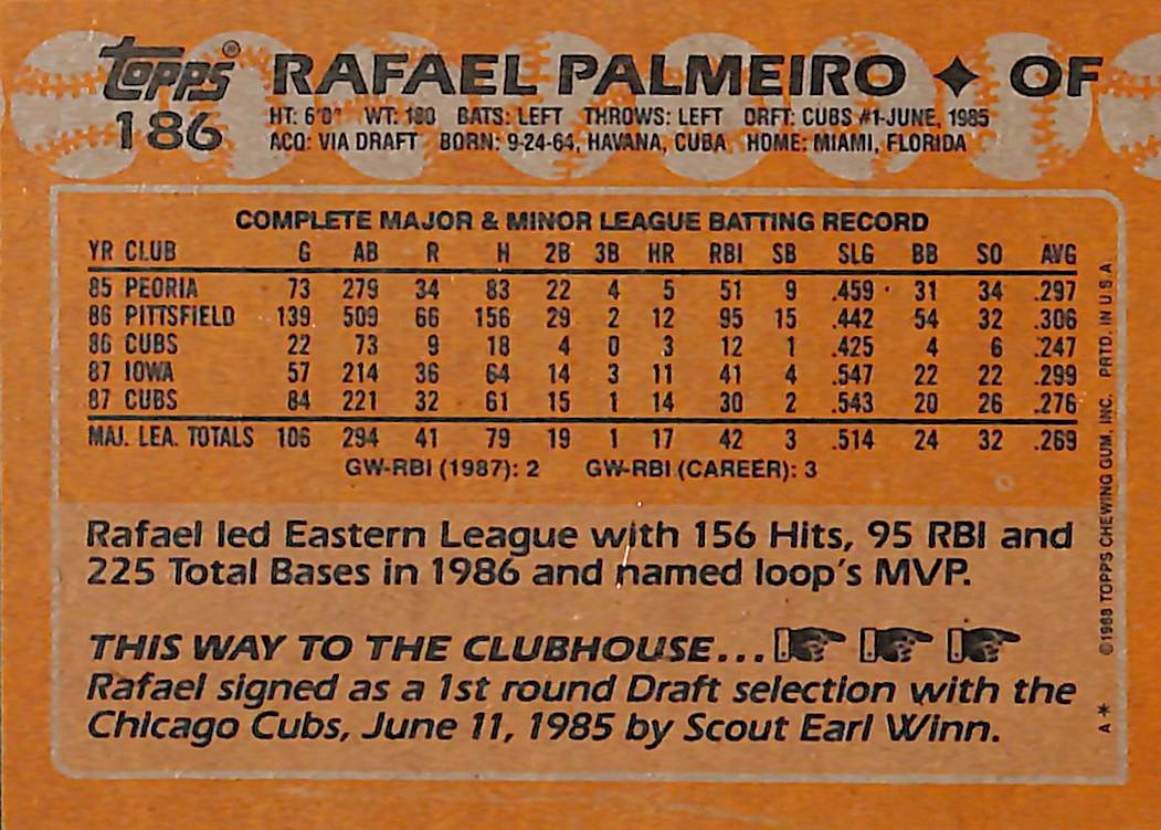 FIINR Baseball Card 1989 Topps Rafael Palmeiro Vintage Baseball Card #186  - Mint Condition