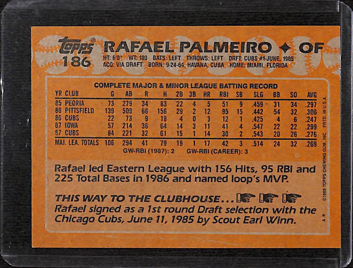 FIINR Baseball Card 1989 Topps Rafael Palmeiro Vintage Baseball Card #186  - Mint Condition
