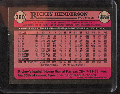 FIINR Baseball Card 1989 Topps Rickey Henderson Vintage Baseball Card #380 - Mint Condition