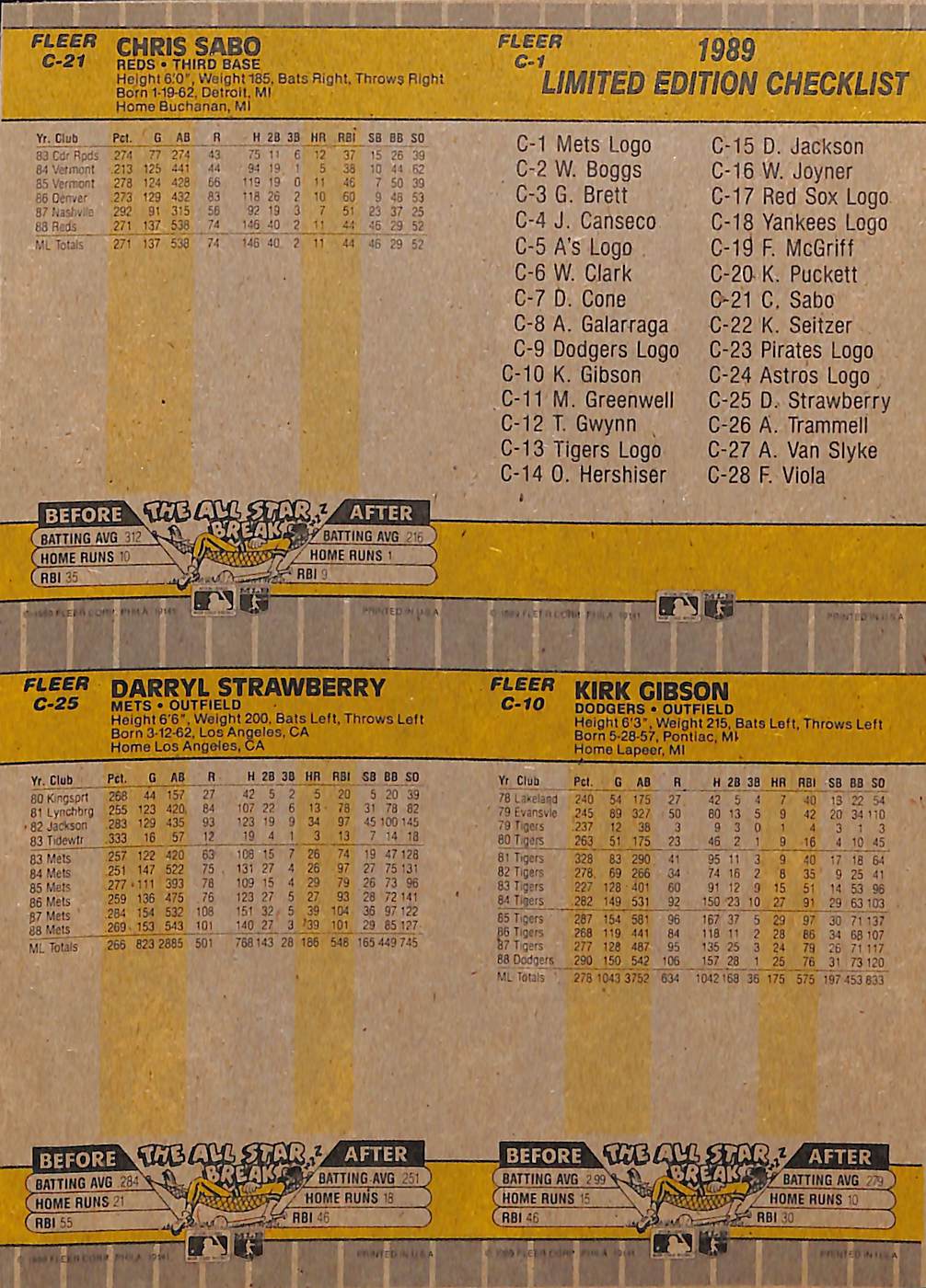FIINR Baseball Card 1989 Vintage Fleer Wax Box Bottom of Uncut Cards - Chris Sabo - Kirk Gibson - Darryl Strawberry - Rare Mets logo