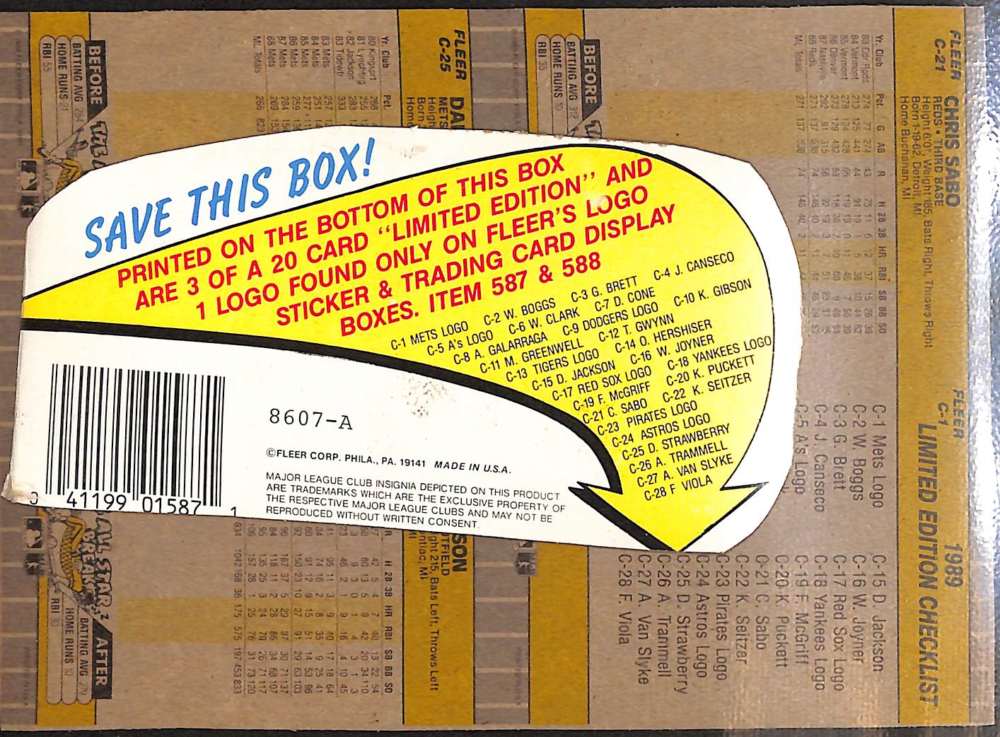 FIINR Baseball Card 1989 Vintage Fleer Wax Box Bottom of Uncut Cards - Chris Sabo - Kirk Gibson - Darryl Strawberry - Rare Mets logo